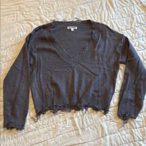 Gray V-Neck Sweater with Lace Hem